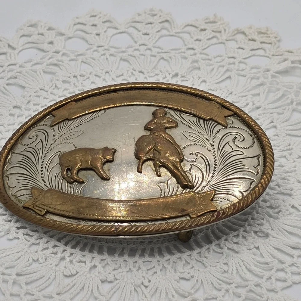 Vintage German Silver Belt Buckle Cowboy Horse Riding Western Scene